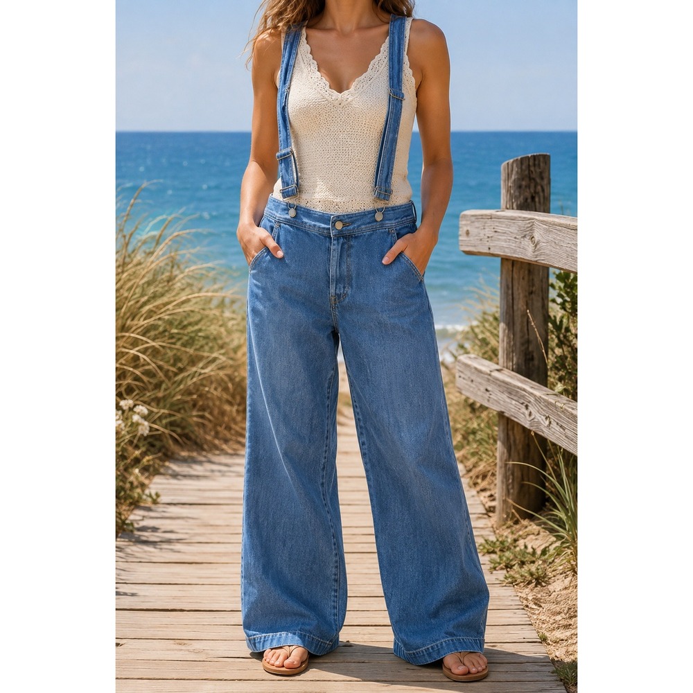 Gap Denim Womens Wide Leg Suspender Jeans Medium Wash Button Fly Size 33 16R